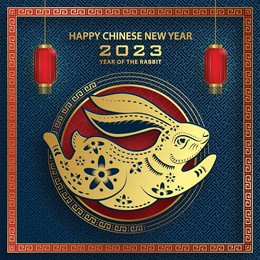 happy chinese new year 2023 rabbit zodiac sign, with gold paper cut art and craft style on color background for greeting card, flyers, poster (chinese translation: happy new year 2023, year of rabbit)