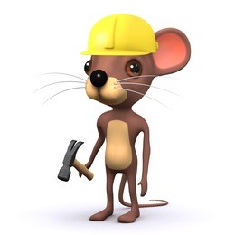 3d render of a cute mouse wearing a safety helmet and holding a hammer