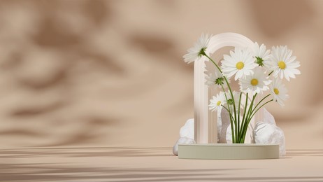 3d render mockup template green podium in landscape with white rocks, daisy flower, and arch
