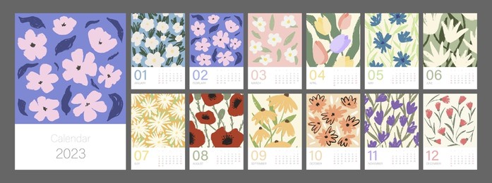 floral calendar template for 2023. vertical design with bright colorful flowers and leaves. editable illustration page template a4, a3, set of 12 months with cover. vector mesh. week starts on sunday.
