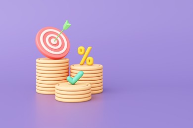 goals for success investment economic strategy finance and tax business profit and budget. coin dollar, percentage, check mark, and archery target on purple background. clipping path. 3d illustration.