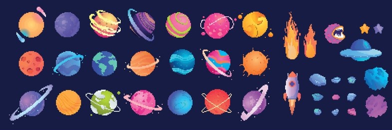 set of pixel astronomical elements. stickers or icons with solar system planets, comets, asteroids and star. badges for video games and apps. cartoon flat vector collection isolated on dark background