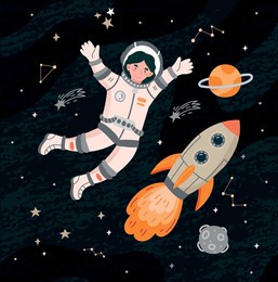 happy astronaut in outer space. smiling character in spacesuit flies between planets, stars, rocket and other celestial bodies. child exploring universe or cosmos. cartoon flat vector illustration