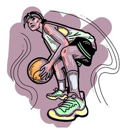 basketball player playing with ball. healthy funny sport activity. trendy jumping fitness exercises for young people. fashion sportswear. hand drawn illustration. cartoon line style character drawing.