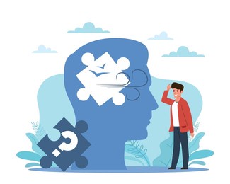 problem memory loss. clouding of the mind, amnesia or dementia problems, puzzle piece in man head, lose jigsaw part of brain, fogginess patient, mental heath vector cartoon flat concept