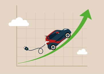 electric car with plug-in cruising on rising up green stock market arrow graph. electric car stock pice soaring, ev, electric vehicle earning and profit increase in new economy stock market.