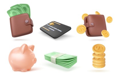 3d vector icon set. credit card, paper money, wallet, piggy bank and coins