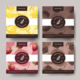 natural soap packaging design with banana, chocolate, coffee, and strawberry fragrances illustration