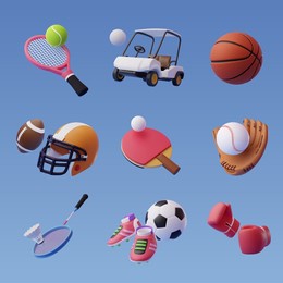 collection of 3d sport icon collection isolated on blue, sport and recreation for healthy life style concept. eps 10 vector.