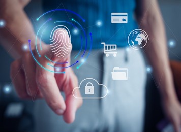 businessman scanning fingerprints to access personal information.