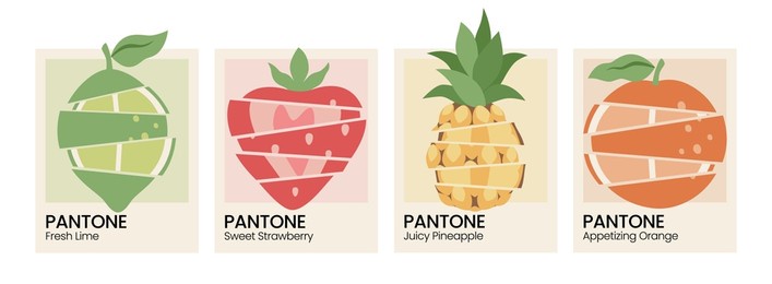 sliced fruit card. pantone with fruits. retro 90s 80s 70s groovy posters. orange. strawberry. pineapple. lime. modern trendy print. hand drawn fruit. vector illustration