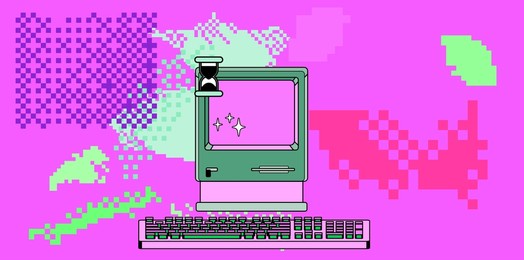collage art with an old retro computer and glitched pixelated shapes. webkitsch and webpunk style vector illustration.