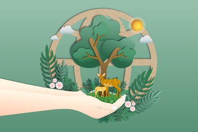 symbolic image of hands holding a tree with deers that conveys environmental conservation on green background, forest and wildlife ecology, paper art style, sustainable of resources and ecosystem.