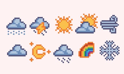 weather icons pixel art set. weather conditions, forecast
 collection. 8 bit sprite. game development, mobile app.  isolated vector illustration.