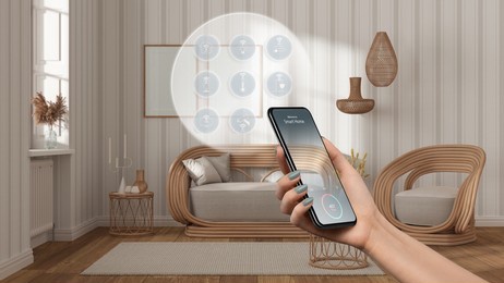 smart home technology interface on phone app, augmented reality, internet of things, interior design of living room with connected objects, woman hand holding remote control device, 3d illustration