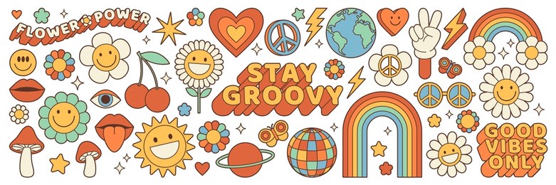 groovy hippie 70s set. funny cartoon flower, rainbow, peace, love, heart, daisy, mushroom etc. sticker pack in trendy retro psychedelic cartoon style. isolated vector illustration. flower power.