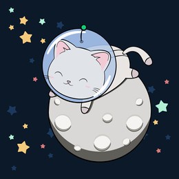 space kitty in the helmet and space suit on the moon. cat astronaut lying on a silver planet. funny and cute cat astronaut, baby animal. kitten in cosmos. vector illustration.