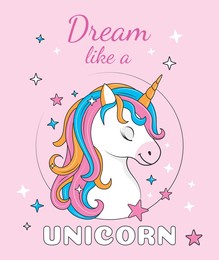 dream like unicorn concept. poster with cute fictional animal with rainbow hair and stars on pink background. design element for printing on postcards and fabric. cartoon flat vector illustration.
