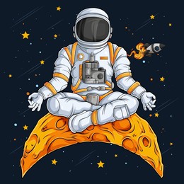hand drawn astronaut in spacesuit doing yoga gesture on moon, astronaut meditation yoga in the space