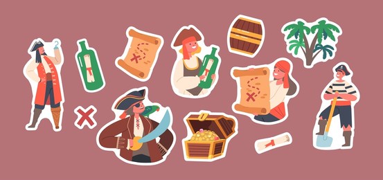 set of stickers children pirates on secret island, funny kids wear picaroon costumes with treasure chest, map or bottle with message. freebooters loot quest, party. cartoon people vector illustration