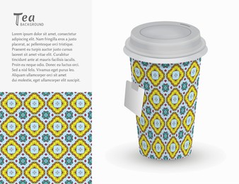 cardboard paper cup of tea with ornament and seamless geometric pattern. take away tea packaging template, isolated design elements for coffee shop, restaurant menu. realistic vector cup