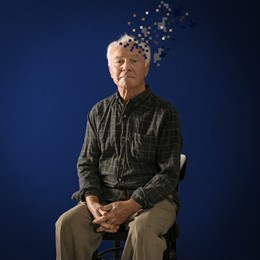 elderly man with dementia on blue background. illustration of head losing fragments