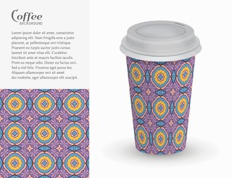 cardboard paper cup of coffee with ornament and seamless geometric pattern. take away coffee packaging template, isolated design elements for coffee shop, restaurant menu. realistic vector cup