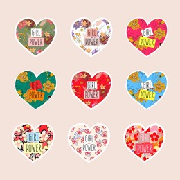 pack of beautiful heart stickers with girl power slogan. feminist slogan,phrase or quote. modern vector illustration set for labels, posters, t-shirt or other artwork print.