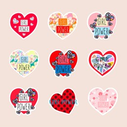 pack of beautiful heart stickers with girl power quote. feminist slogan,phrase or text. modern vector illustration set for labels, posters, t-shirt or other artwork print.