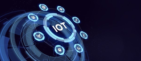 internet of things - iot concept. businessman offer iot products and solutions. the future of technology. virtual screen of the future with the inscription: iot. 3d illustration