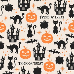 seamless halloween pattern. vector illustration of halloween party. black cat, bat, castle and pumpkin on a light background. vector cartoon seamless pattern.