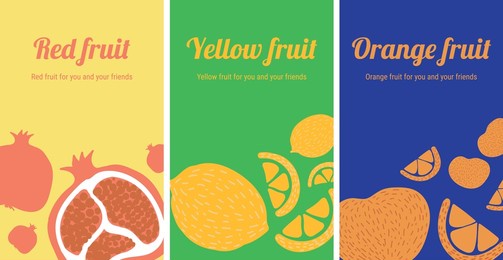 colorful posters. collection of fruits. simple elements for social media, print. hand drawn vector red, yellow and orange fruits