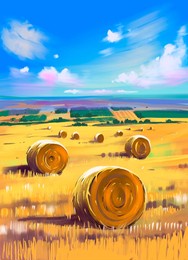 rural summer landscape with a field and haystacks. hand drawing. painting 