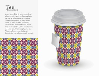 cardboard paper cup of tea with ornament and seamless geometric pattern. take away tea packaging template, isolated design elements for coffee shop, restaurant menu. realistic vector cup