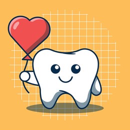 vector illustration of cute tooth character holding heart shaped balloon