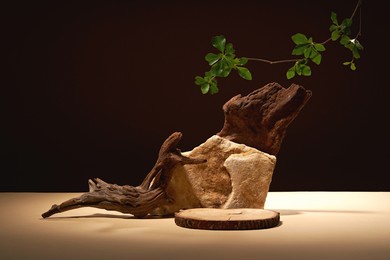 front view of branch tree decorated with rock and green leaf blank space in brown background 