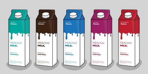 milk or yogurt packaging template in green brown blue purple and red color combination design