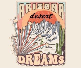 arizona desert dreams with light blast vector graphic print artwork for apparel, stickers, background and others. desert night view retro vintage illustration. desert party t-shirt design. 