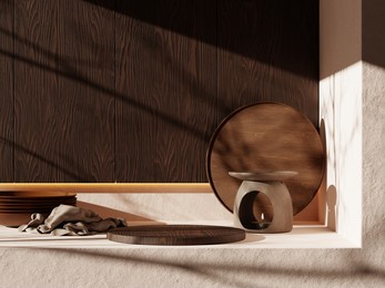 3d wooden display podium with decorations against wooden wall background. 3d rendering of realistic presentation for product advertising. 3d interior illustration.