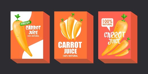cartoon carrot juice packaging design template set. collection of carrot juice label, poster, banner  and package design. vegetarian drinks set with vegetable