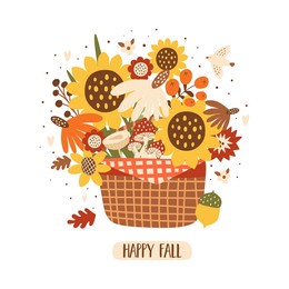 fall bouquet sunflowers autumn bouquet in basket. fall flowers composition isolated on white. autumn floral illustration.