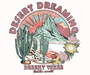 arizona desert vibes graphic print for fashion and others. desert dreaming artwork.  cactus with sunflower. usa flag.