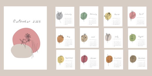 hand drawn calendar 2023. vertical botanical template for 12 months. the week begins with sunday. abstract vector illustration with herbs and flowers.