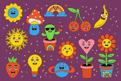 funny cartoon characters with funny faces. set comic elements in trendy retro cartoon style. vector illustration of heart flowerpot, sun, rainbow, cherry, banana, earth, strawberry, cactus, mushroom