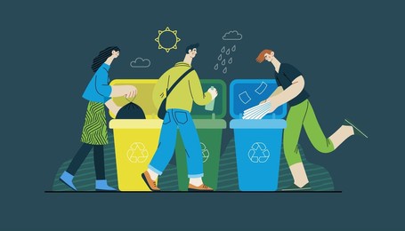 ecology - waste sorting -modern flat vector concept illustration of people putting a plastic, paper and glass into the garbage container for sorted waste. creative landing web page template