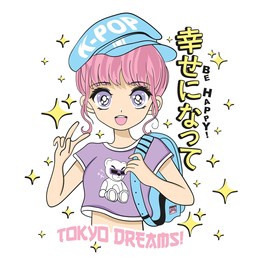 anime girl illustration with japanese slogan. japanese text means "be happy". vector graphic design for t-shirt.