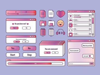 big set of retro vaporwave desktop browser and dialog window templates. 80s 90s old computer user interface elements and vintage aesthetic icons. nostalgic retro operating system. vector illustration.