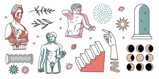 set of linear greek trippi sculptures surreal and antique. contour vector illustration with abstract spots and shadows. psychedelic emoticons in the style of the 1990s. y2k silhouettes elements.