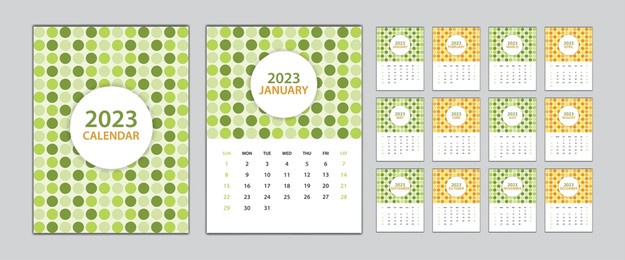 calendar 2023 template circle graphic concept, desk calendar 2023 design set, wall calendar 2023 design, poster, circle cover design, set of 12 months, week start sunday, advertisement, printing