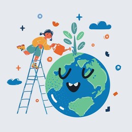 cartoon vector illustration of girl watering flower at earth globe